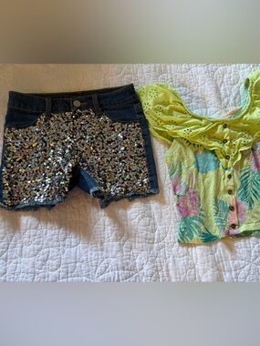 Justice Green Floral Top and Dark Blue Sequin Denim Shorts